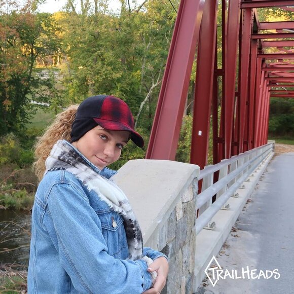 〽️Women’s  Red Plaid Winter Ponytail Trucker Hat with Drop-Down Ear Warmers main image 6
